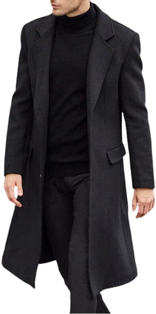 chouyatou Men's Fall Winter Office Single Breasted Long Dress Wool Coat Overcoat (Large, Black)