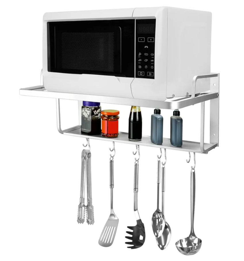 QWORK Microwave Oven Rack Shelf, Wall Mount Electric Oven Holders, Aluminum Double-Layer Microwave & Spice Rack, 2 Shelves with 10 Hooks, Support Load 88lbs, 21.65"x15"x9.84"
