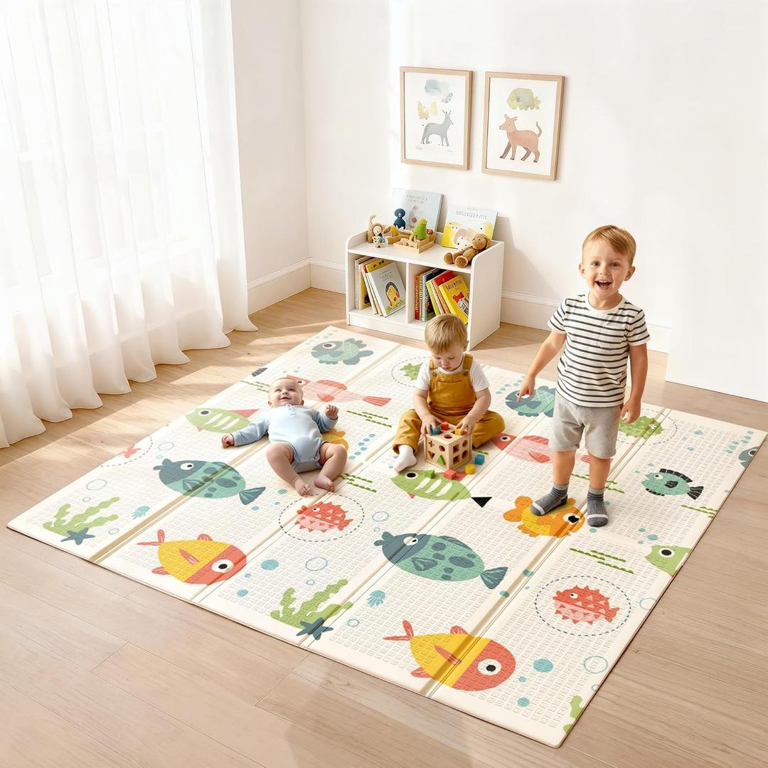 Baby Play Mat 79 x 71 Inch, Extra Large Foldable Play Mats for Babies and Toddlers, Foam Play Mat for Floor Travel Bag (Map & Fish)