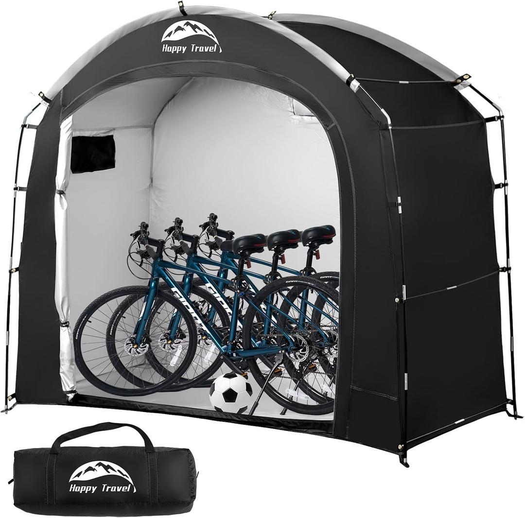 Happy Travel Bike Storage Shed Tent, Waterproof Portable Bicycle Cover with 30% More Top Storage Space for 2 Bikes,Clips Easy Setup Outdoor Sheds Shelter for Motorcycle, Garden Tools, Lawn Mower, 7.3x2.7x6.1ft for 2 Bikes