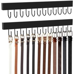 HOMEBROS Belt Hanger Wall Mount, Wooden Closet Belt Organizer with 24 Metal Hooks, Large Capacity, Black, 2 Pcs