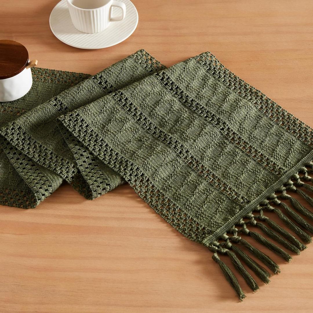 ZeeMart Macrame Style Boho Table Runner, Olive Green Table Runners 60 Inches Long, Farmhouse Woven Home Decor, 12x60 Inch, Olive