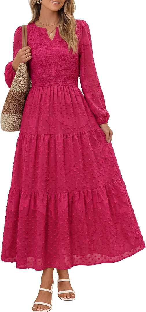 MEROKEETY Spring Summer Midi Dresses for Women 2026 Fall Casual Vacation Long Sleeve V Neck Tiered Cotton Maxi Dress Pockets (Medium, Pink)