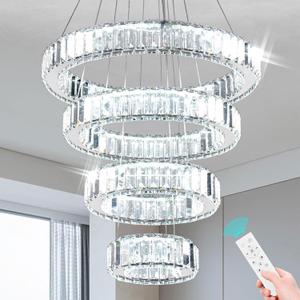 Dimmable Modern LED Chandelier with Remote 4 Ring Pendant Light Crystal Chandeliers for Dining Room Bedroom Living Room,3 Colors Adjustable,Dia7.9-11.8"-15.7"-19.7",79 W