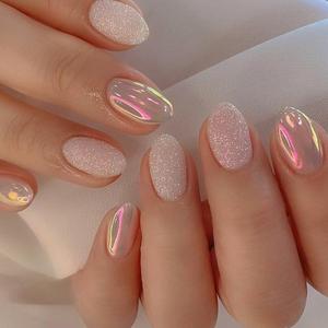 Short Nail Set, Aurora Almond Press on Nails Short Fake Nails Kit, Acrylic Nails Press on Almond Nails Short Artificial Fingernail Set, Stick Nails with Nail Tab 24pc Nail Decoration Set for Women