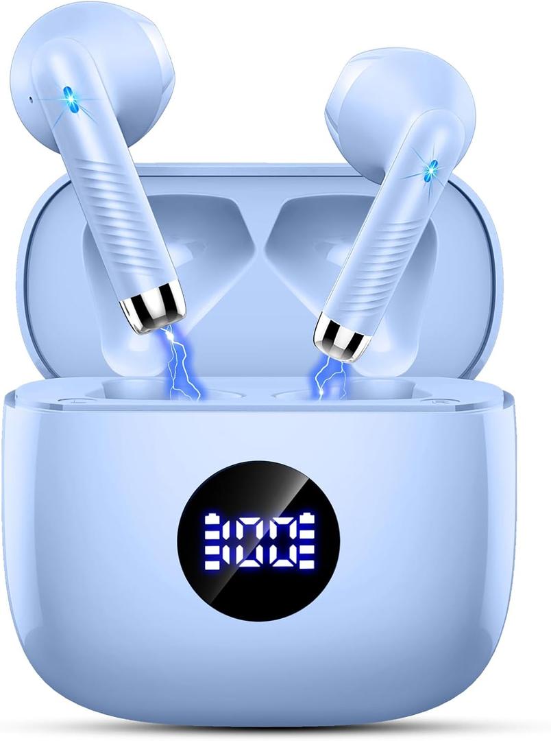 Jxrev Wireless Earbuds Bluetooth 5.4 Headphones Noise Cancelling, Bluetooth Earbuds with Dynamic Drivers Stereo, Earphones Wireless, 40H Playtime and LED Power Display, in Ear Buds for Android iOS (Pale purple)