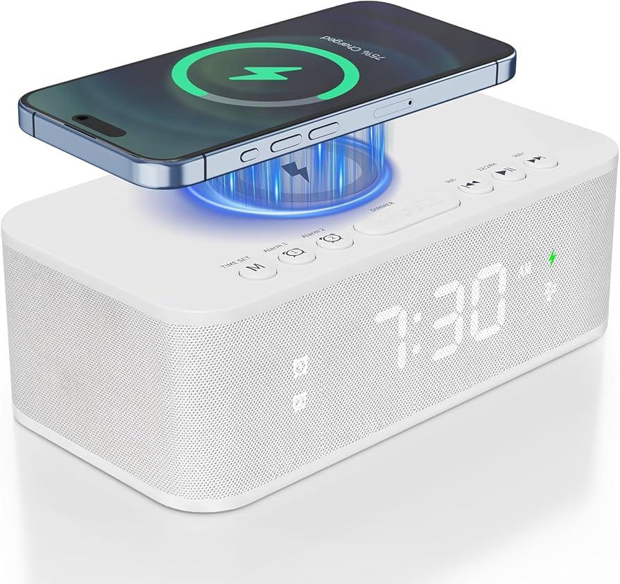 Digital Alarm Clocks Snooze 12/24H FM Speaker Charging, White