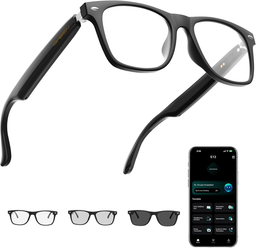 AI Smart Glasses for Men & Women with ChatGPT, Bluetooth Glasses with 165 Languages Translation, Color-Change Lens, Meeting Analysis, Music Playback, Hands-Free Calls, UV & Blue Light Protection (Black)