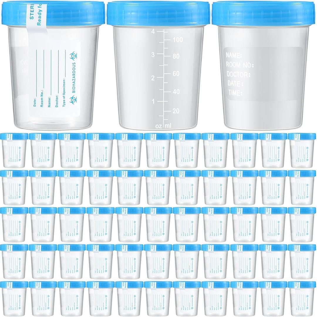 100 Pcs Urine Specimen Cups with Lids and Evident Seal Urine Sample Cups Collection Cup Disposable for Collection and Testing (Blue Lids)