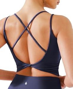 BRXL Womens Twist Back Sports Bra Longline Buttery Soft Low Impact Yoga Bra Removable Pads Scoop Neck Crop Top (Small, Navy Blue)