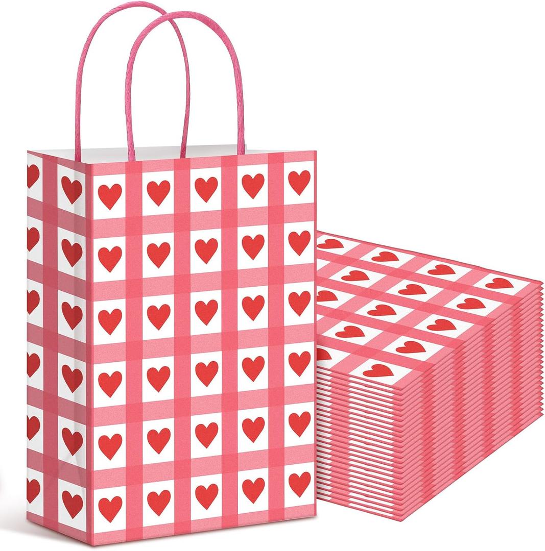 Harloon 24 Pcs Valentine's Day Gift Bags Heart Gingham Gift Bags Plaid Present Party Favor Bag Red Checkered Kraft Paper Goodie Bag with Handle for Birthday Wedding Mother's Day