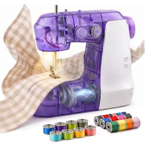 Flying Banana Mini Sewing Machine for Beginners Kids, Portable Electric Dual Speed Repairing Mending Tool with Light Foot Pedal, Household Travel DIY Kit, Transparent Purple