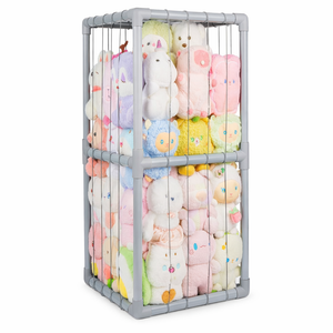 Stuffed Animals Storage Organizer with Thicken PVC Tubes Elastic Band Space Save Vertical Plushies Storage Stuffed Animals Zoo Cage for Kids, Gray