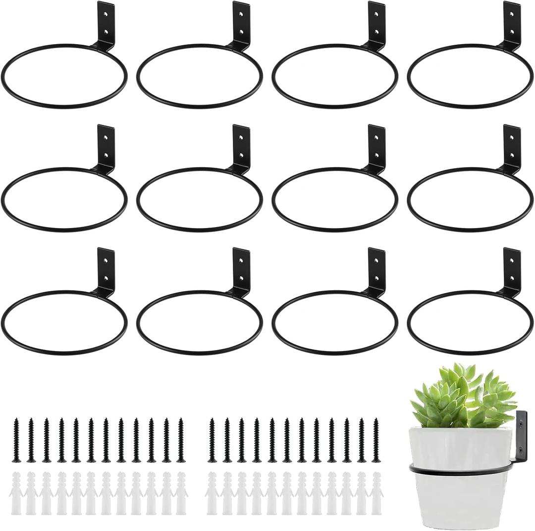 12-Pack 6 Inch Flower Pot Holder Ring Hanging Plant Holder Wall Mount Metal Plant Hangers Indoor Outdoor Planter Hooks Brackets for Patio, Garden, Home, Matte Black