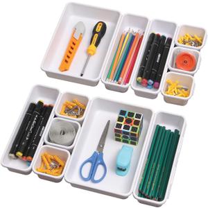 Set of 12 Interlocking Desk Drawer Organizer Tray Dividers Plastic Shallow Narrow Drawers Organizers Separators Storage Bins Container for Kitchen Bathroom Makeup Office Vanity Bedroom Dresser White