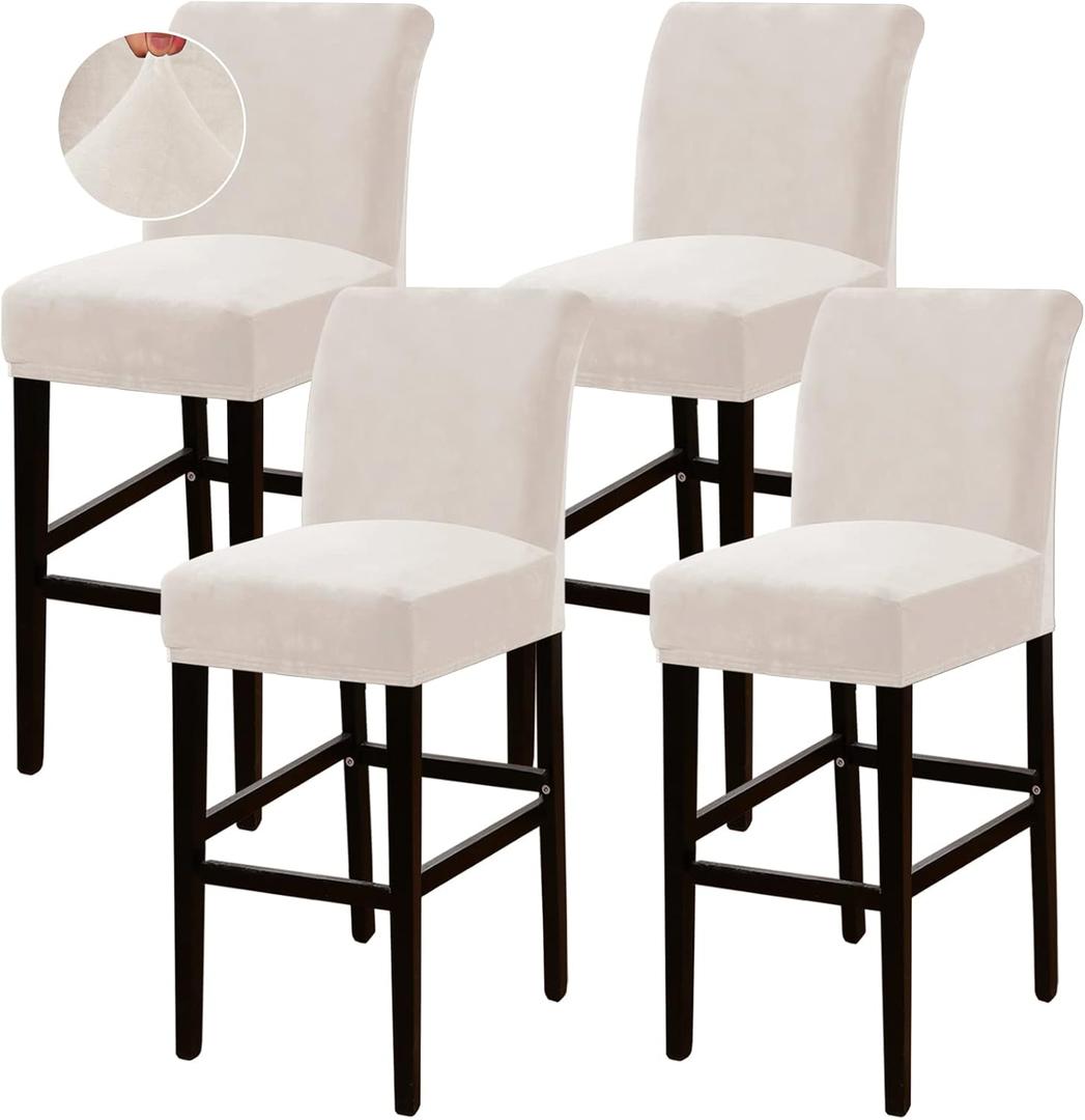 Turquoize Bar Stool Covers 4 Pack Bar Stool Covers with Backs Barstool Covers Velvet Bar Stool Seat Covers Slipcover Pub Counter Stool High Back Chair Covers, Thick Soft Modern Style, Ivory, 4