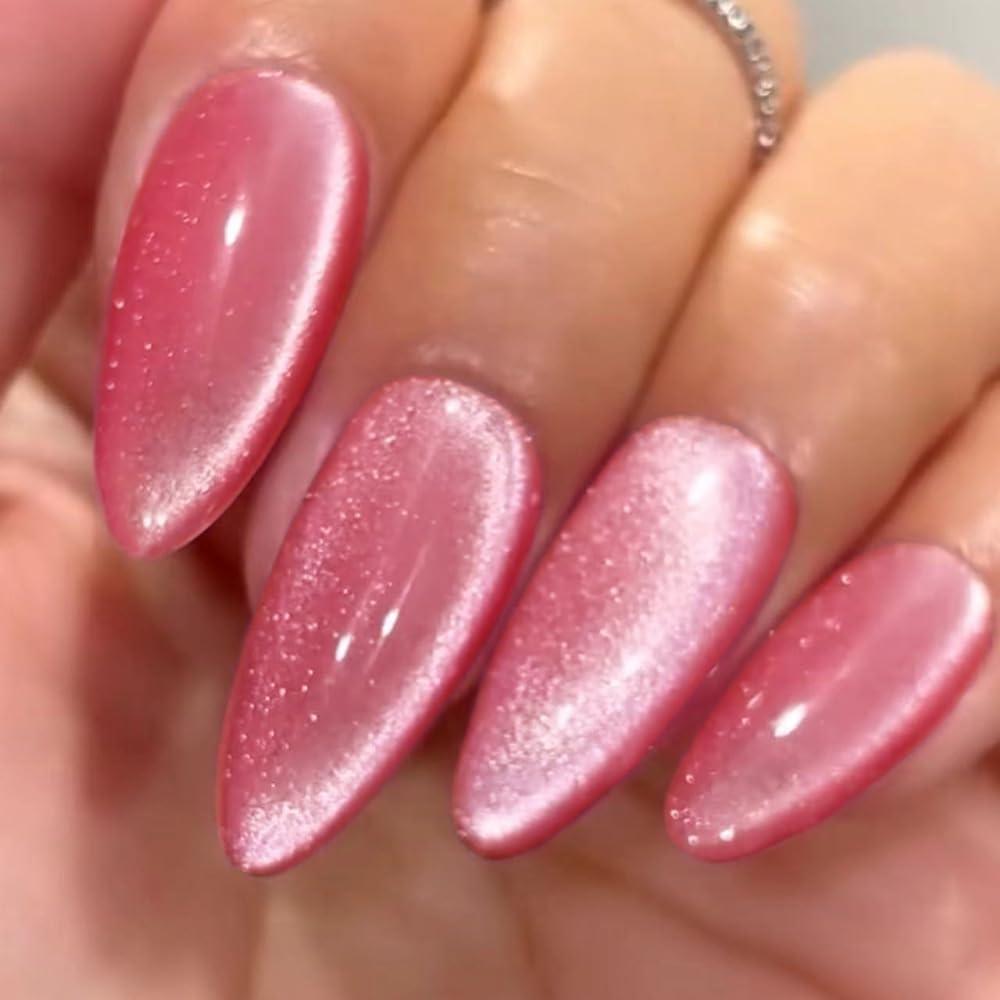 3 x Hot Pink Press on Nails Medium Almond - WLGDLH Fake Nails Cat Eye False Nails Press ons Full Cover Nail Tips with Candy Ice Transparent Glitter Design Acrylic Nail Kit for Women 24 Pcs