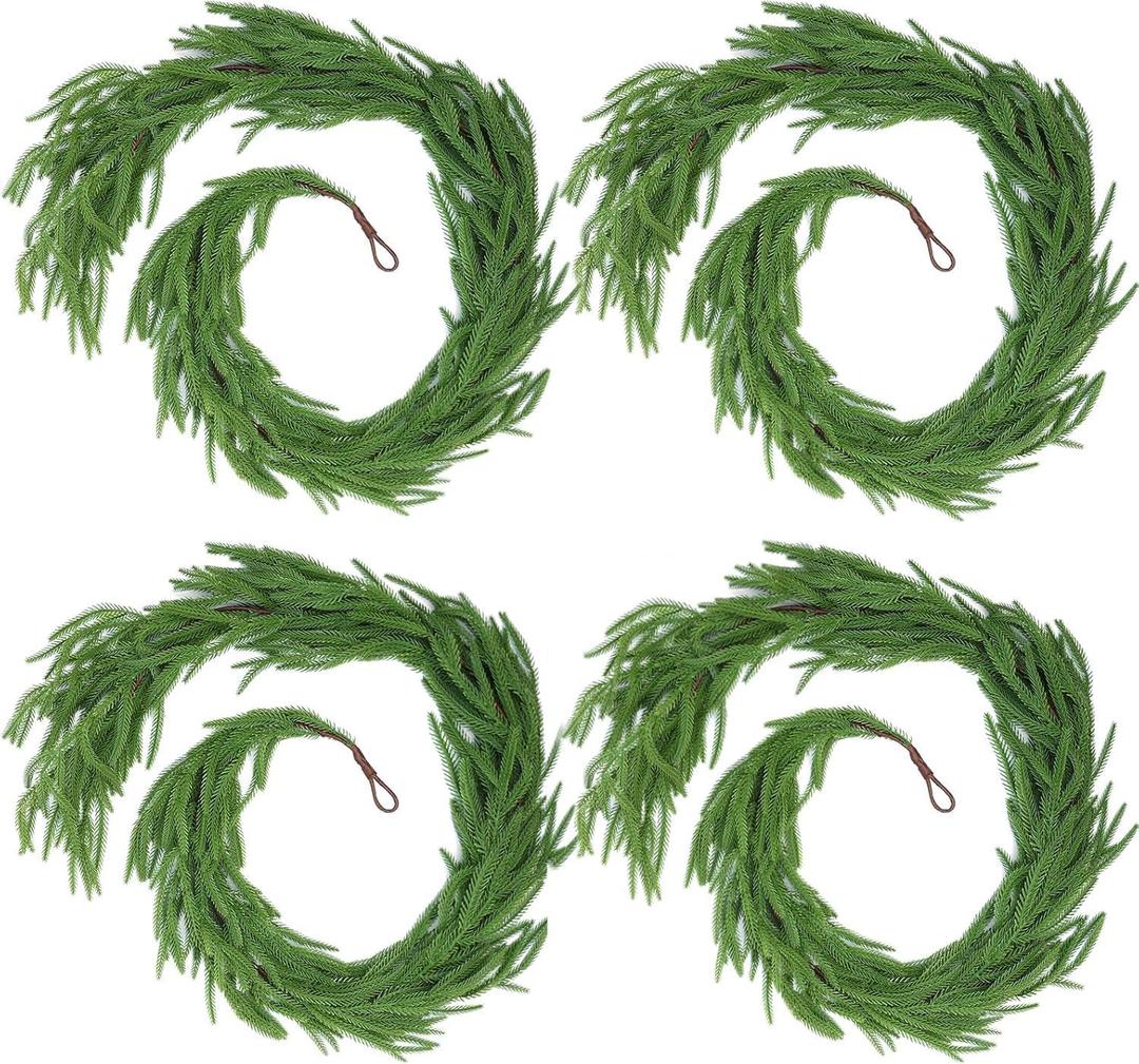 4 Pcs Artificial Norfolk Pine Garlands, Christmas Real Touch Winter Pine Garland, Green Artificial Greenery Cedar Garland for Mantle, Table, Wall, Indoor, Outdoor Christmas Decorations (6FT)