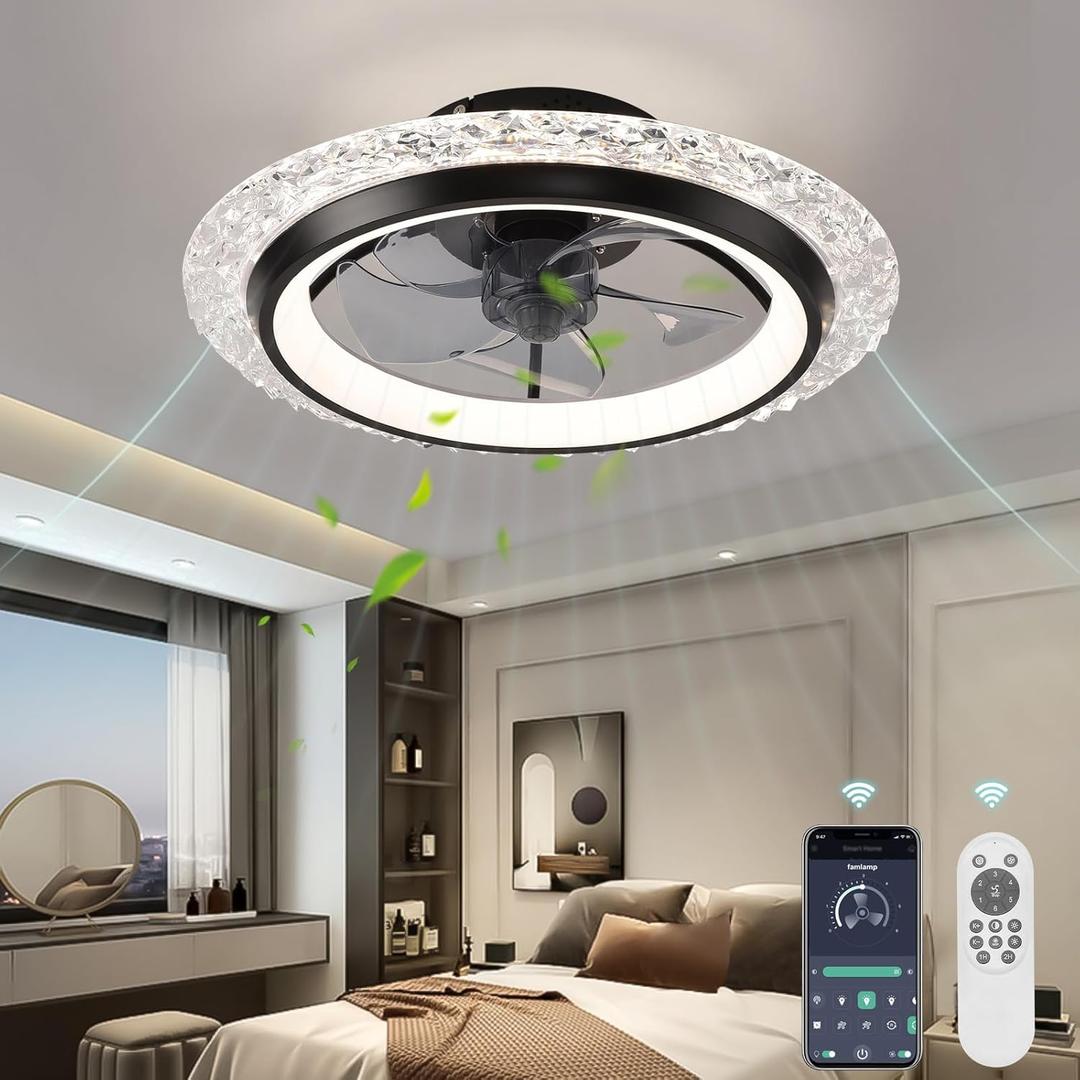KINDLOV Modern Ceiling Fans with Lights, 19.7" Flush Mount Ceiling Fan with Dimmable Light and Remote,6-Speed Wind for Bedroom,Living Room,Low Profile Ceiling Fan with Light,Black (Black01)