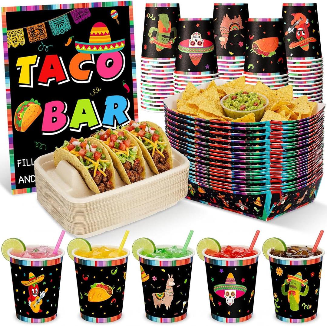 131 Pcs Taco Bar Supplies Kit Serving Party Mexican Cinco De Mayo Party Decorations Fiesta Bar Sign 3 Dividers Food Trays Paper Cups and Snack Holder for Taco Tuesday Supplies