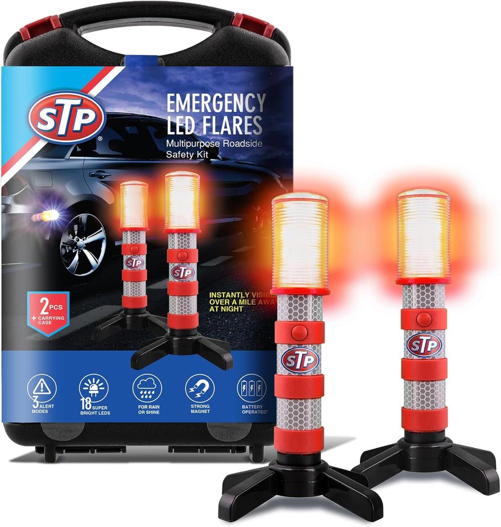 XTREME STP LED Road Flares, 3 Alert Lighting Modes: Flashing Red, Solid Red & White Flashlight, Emergency Flares for Vehicles, Visible From Up To A Mile, Foldable Stand/Built-In Magnet Sticks To Car