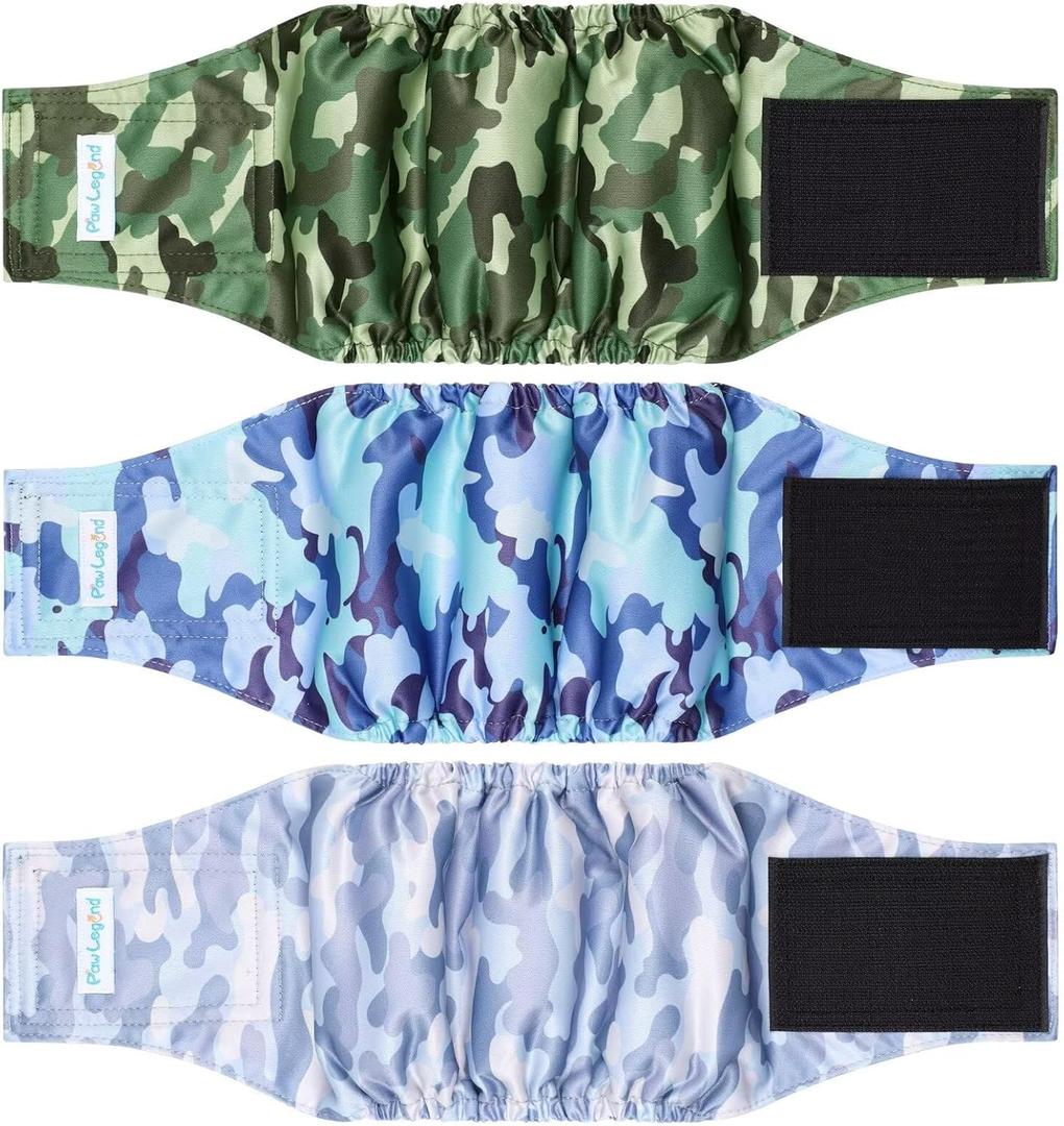 Paw Legend Washable Dogs Diapers Male Dog Belly Bands for Male Dogs Diapers Reusable Puppy & Doggie Diapers Male (3 Pack, Large) (Camo)