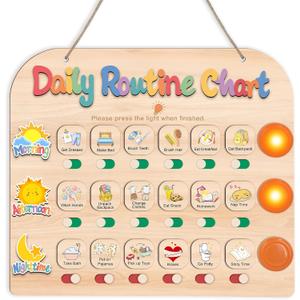 Daily Routine Chart for Toddlers, 3 in 1 Morning Bedtime Checklist Chart to Do List w/ 3 Tap Lights & 18 Task Planning, Sliding Wooden Visual Schedule Board for Kids, Autism, ADHD, Planners