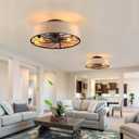 Boho Ceiling Fan with Jute Fabric Shades and Remote Control, Small Caged Bladeless Low Profile Ceiling Fan with Light, 20 Inch Modern Flush Mount Light Kit for Bedroom Kitchen Living Room