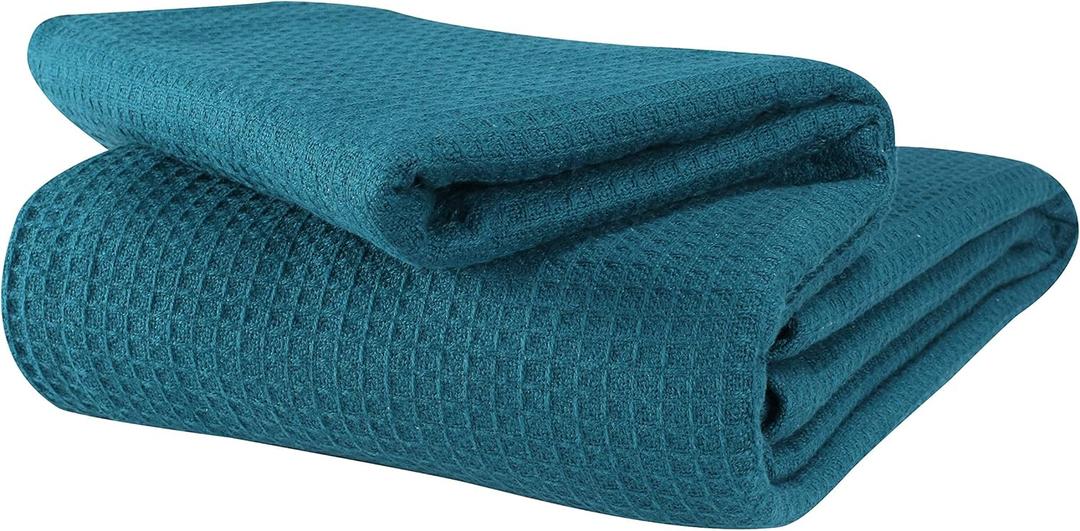Glamburg 100% Cotton Thermal Blanket, Breathable Waffle Blanket, Queen Size, All Season, Teal (Queen (90"x90"))