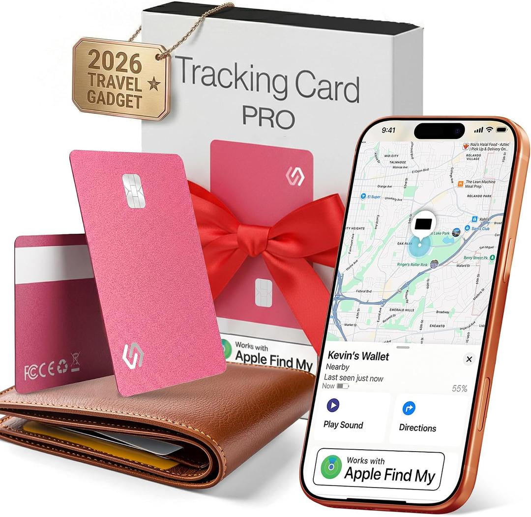 SPOTMINDERS Apple MFi Certified Credit Card Wallet Tracker PRO Pink (iOS Only) Gifts for Mom Works with Apple Find My Rechargeable Tracking Card for Her IP68 0.07in Slim Item Finder for Luggage Purse