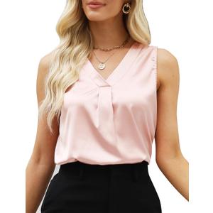 Women's Silk Satin Blouse, Summer Sleeveless Tank Tops, V Neck Camisole Work Shirts for Women (Pink, L)