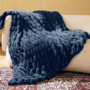 Faux Rabbit Fur Throw Blanket, Soft Plush Cozy Blanket for Couch Bed, Thick Fluffy Ruched Decorative Blanket,Giftable,60"x80",Blue