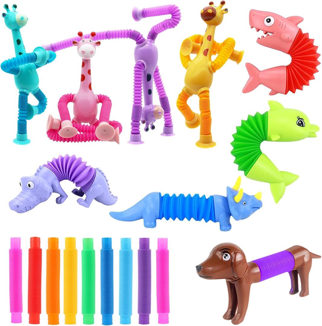 Kryfa Telescopic Pop Tube Giraffe Toys, Road Trip Activities for Kids, Airplane Toys for Toddlers 3-5, Toddler Car Activities (18 PCS)