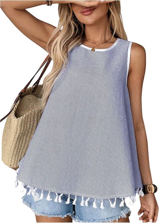 SHENHE Women's Summer Striped Tassel Tank Top Loose Fit Crewneck Sleeveless Going Out Shirt Blue Small