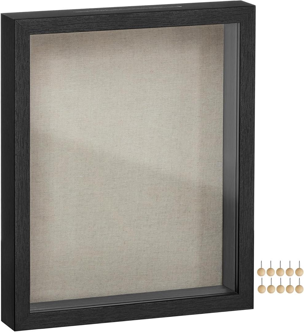 SONGMICS 11x14 Shadow Box Frame, Deep Box Frame with Top Slot and Push Pins, Picture Display Case, Linen Fabric Backing for DIY Craft, Glass Front, Gift Idea, Black URPF009B01