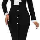 Women Work Dress Bodycon Long Sleeve Church Dresses Round Neck Button Down Business Black Pencil Dresses with Big Tie, Size Large