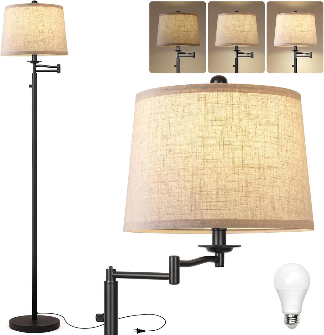 Ruiever Dimmer LED Floor Lamp,Tall Standing Lamp with Swing Arm,Black Lamp with Dimmer LED Bulb,Elegant Floor Lamp for Living Rooms & Bedroom (Black)