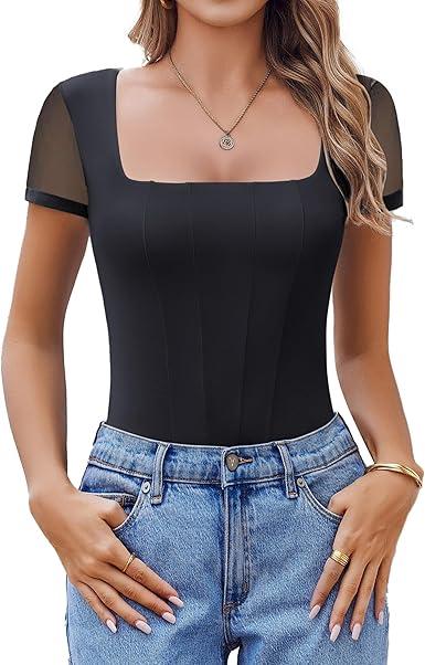 Avidlove Women's Short Sleeve Bodysuits Sexy Square Neck Body Suit Mesh Double Lined Tshirt Leotard Tops Going Out Black M
