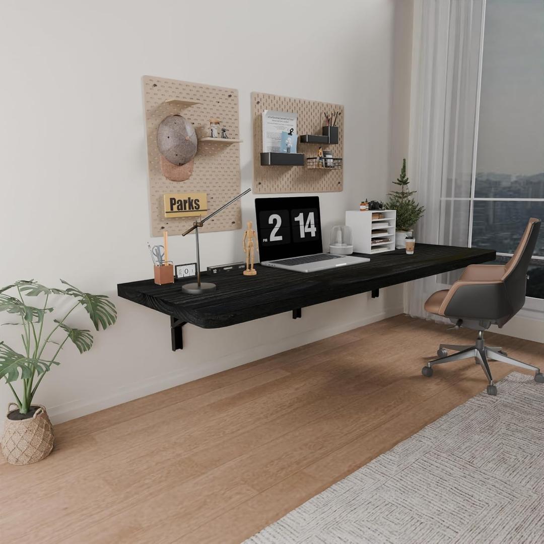 IAE Wall Mounted Folding Table with Pine Wood,48" x 16" Floating Wall Desk,Laundry Folding Table with Shelf Brackets,Fold Down Desk Shelf,Folding Workbench for Home,Dining,Laundry Room,Kitchen (Black)