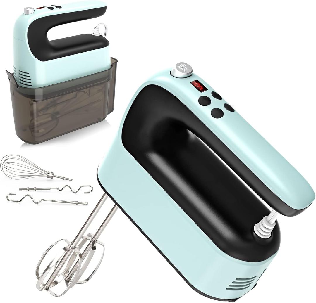 Yomelo 9-Speed Digital Hand Mixer Electric, 400W Powerful DC Motor, Hand Mixer Electric Handheld with Snap-On Storage Case, 5 Stainless Steel Accessories, Beaters, Dough Hooks, Whisk(Ice Blue/Black)