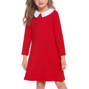 Arshiner Girls Long Sleeve Vintage Peter Pan Collar T-Shirt Dress Age 4-13 Years (Red)