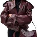 THLAI Womens PU Leather Jacket Long Sleeve Retro Collar Motorcycle Jacket Casual Coat (Purple) L