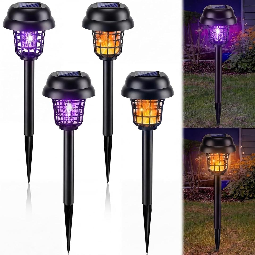 Qualirey 4 Pcs Solar Mosquito Zapper Outdoor Waterproof Solar Powered Bug Zapper Outdoor Mosquito Killer Lamp Trap Repellent Light for Garden Yard Insect (Purple and Flame Light,Black)