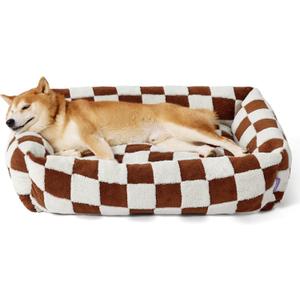 Lesure Cute Dog Bed for Large Dogs - Washable Pet Beds,Cozy Rectangle Orthopedic Sofa with Jacquard Shaggy Plush & Anti Slip Bottom,36x27x8inches (36.0"L x 27.0"W x 8.0"Th, Brown Checks)