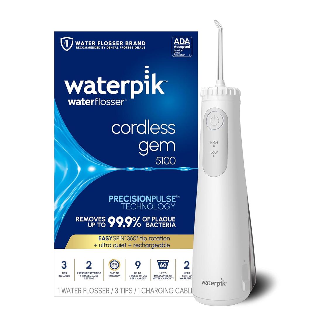 Waterpik Cordless Gem Water Flosser 5100 for Travel and Home, Rechargeable, Portable, Waterproof for Shower, Daily Gum Care, Cleaning Teeth, Braces, Implants, 3 Flossing Tips, ADA Accepted White WF-27