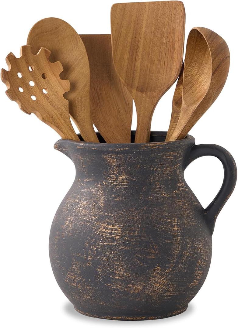 MIYUKI Rustic Kitchen Utensil Holder - 7.6 Inch Ceramic Utensil Crock for Countertop, Vintage Kitchen Counter Decor (Black)