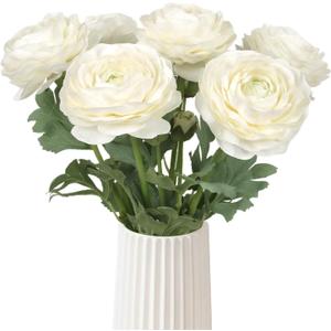 White Ranunculus Artificial Flowers 6PCS Real Touch Faux Ranunculus Flowers for DIY Wedding Bouquet Party Table Home Decor(White)