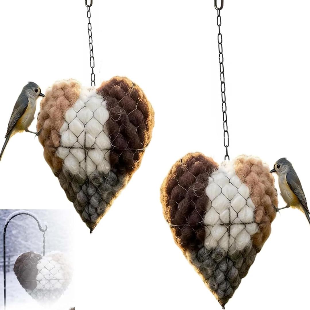 Handmade Alpaca Wool Bird Nest Heart, Nesting Material Frame with Chain, Hummingbird Shelter Box, Wild Bird Winter Tree House (2 PCS)