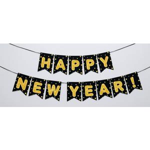 Black Gold Happy New Year Banner for New year Party Decorations