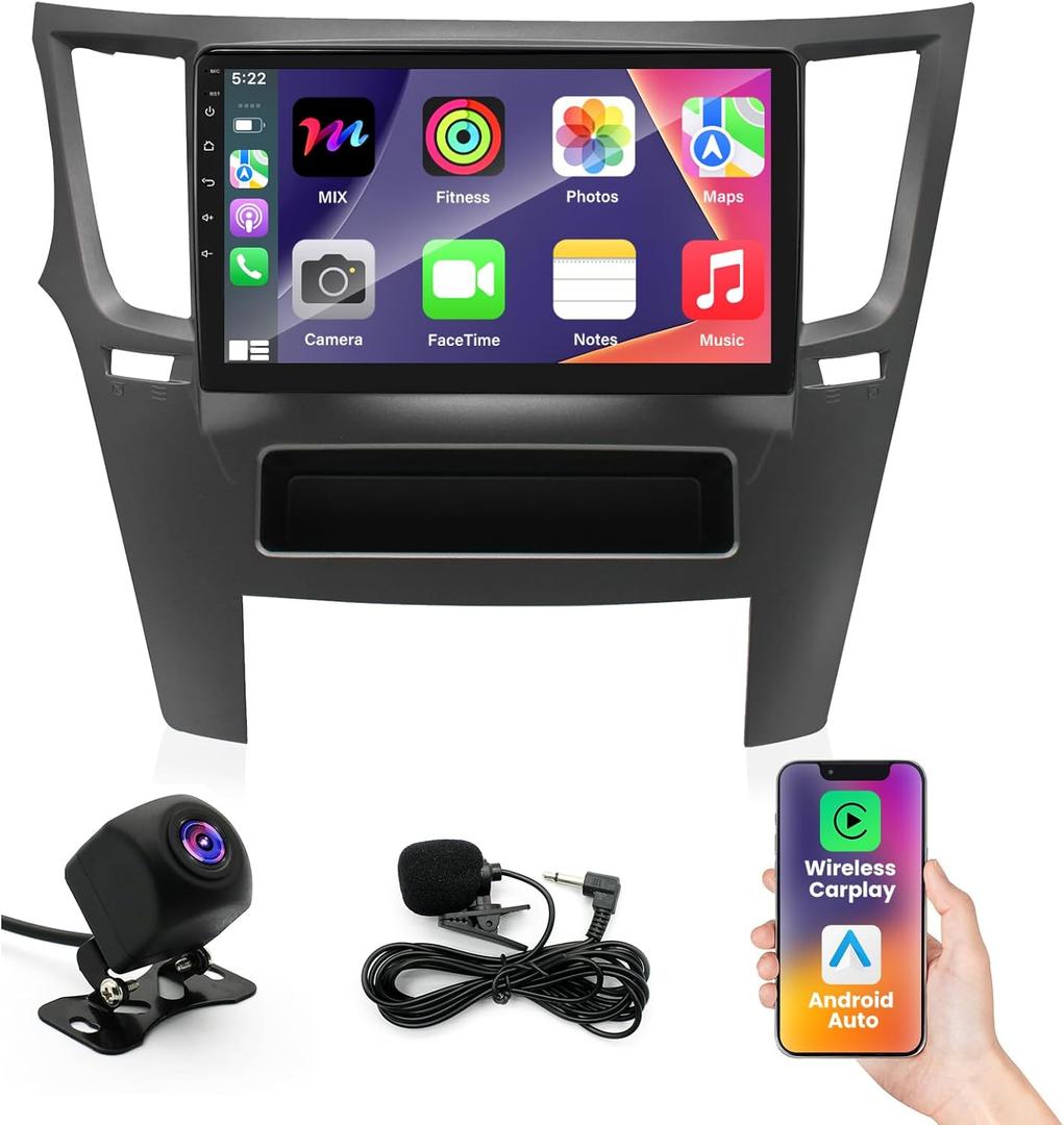 8 Core 4+64G Android 14 Car Stereo Radio for Subaru Legacy Outback 2010-2014, 9" IPS HD Touch Screen Radio with Wireless CarPlay/Android Auto/WiFi/GPS/Bluetooth/FM/SWC/AHD Backup Camera/Mic/USB